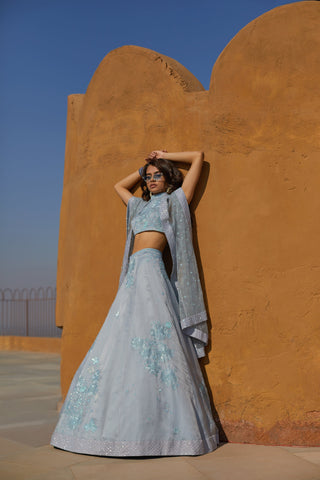 Cloudy Blue Precious Flowers Bunches Lehenga