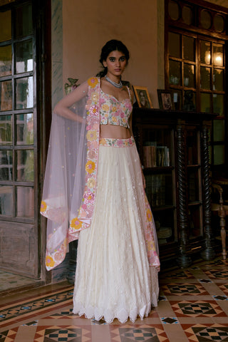Ivory precious flowers logo Jaal lehenga set