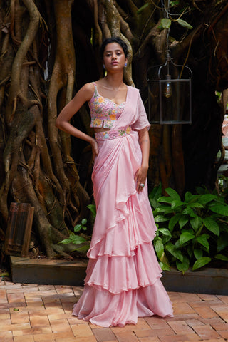 Bright Pink Flora ruffle saree