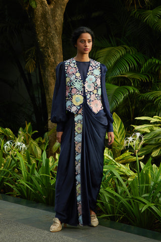 Embroidered Draped skirt with jacket and Organza plain shirt