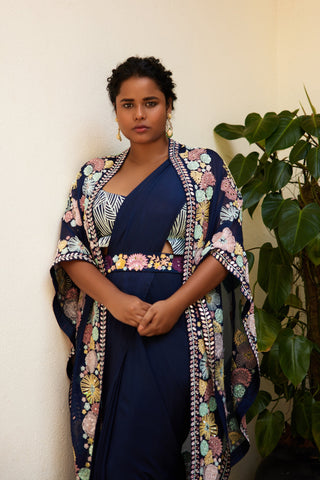 PF Triangle cape with pre-pleated sari and wimsical lines blouse